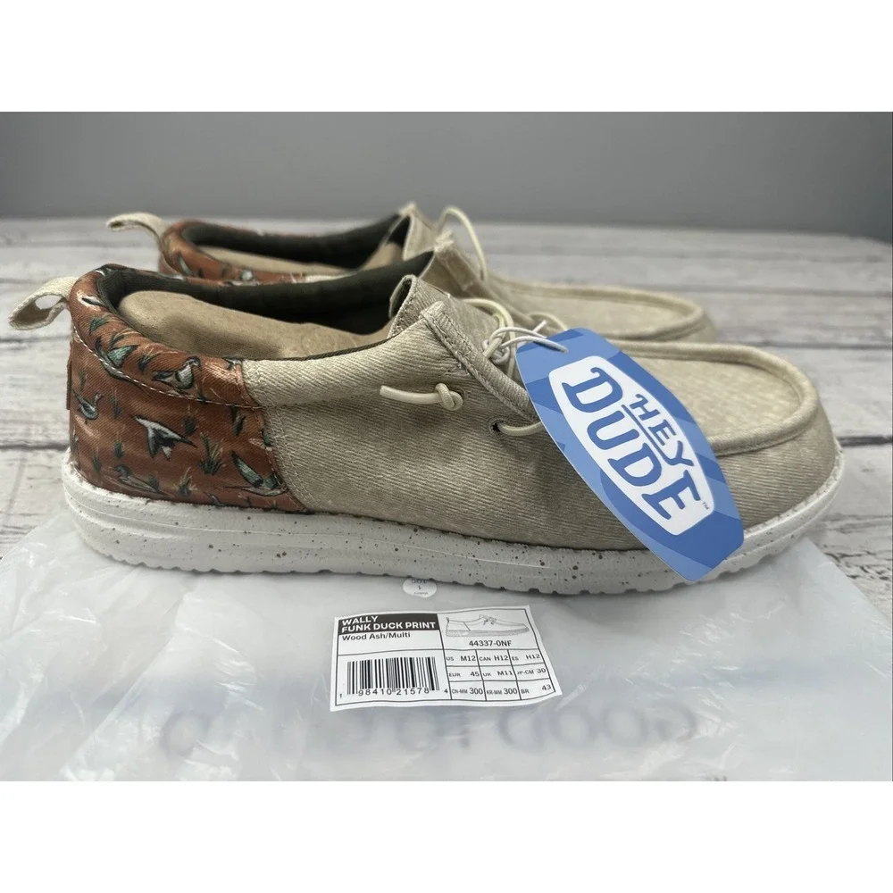 Hey Dude Men's Wally Funk Duck Print Wood Ash/Multi Slip-on Sneakers Size 12 NEW